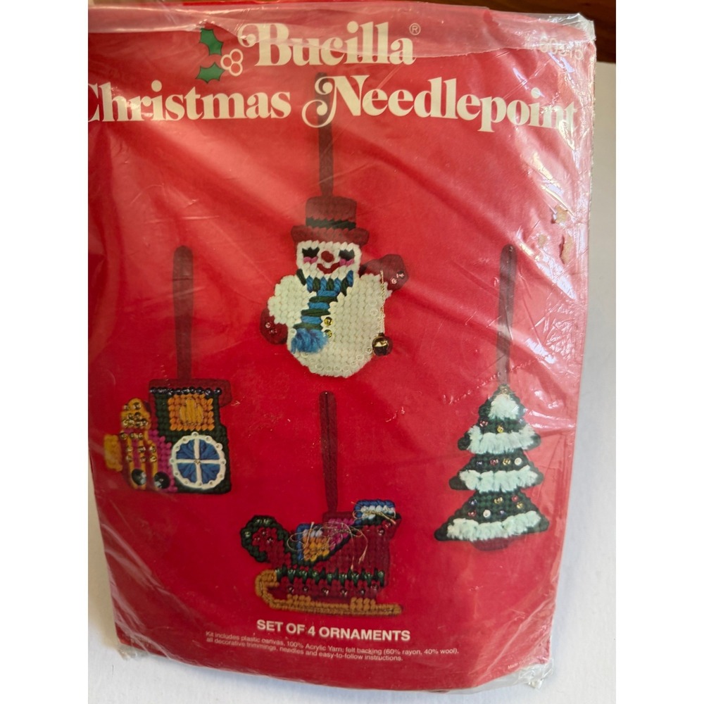 VTG Bucilla Needlepoint 4 Ornament Kit DIY Christmas Crafts Plastic Canvas Open - Picture 2 of 14